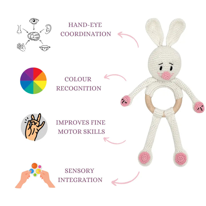 Happy Threads Cuddly Bunnies Rattle Toy- Handmade Baby Toy for Early Play