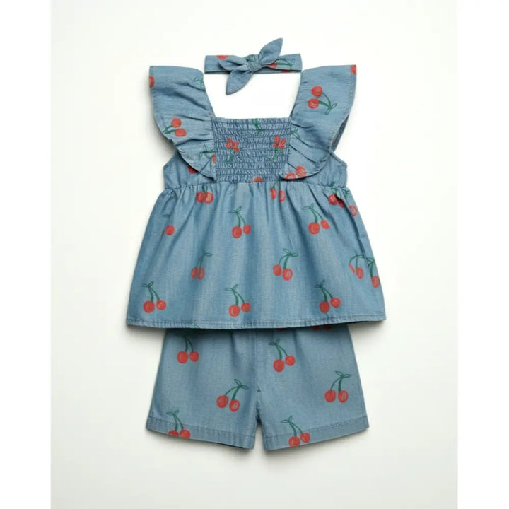 Pattuti Sustainable Denim Baby Girl Top &amp; Shorts Set With Hairband | Cherry Print Denim Outfit For Kids | Stylish Summer Wear