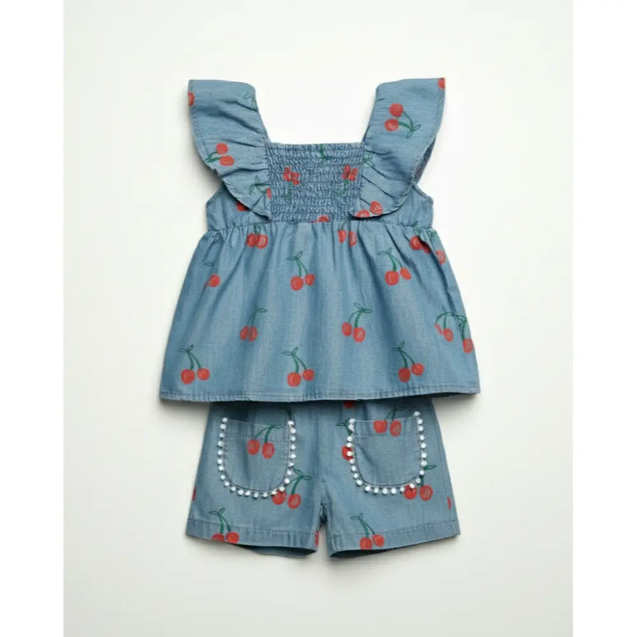 Pattuti Sustainable Denim Baby Girl Top &amp; Shorts Set With Hairband | Cherry Print Denim Outfit For Kids | Stylish Summer Wear