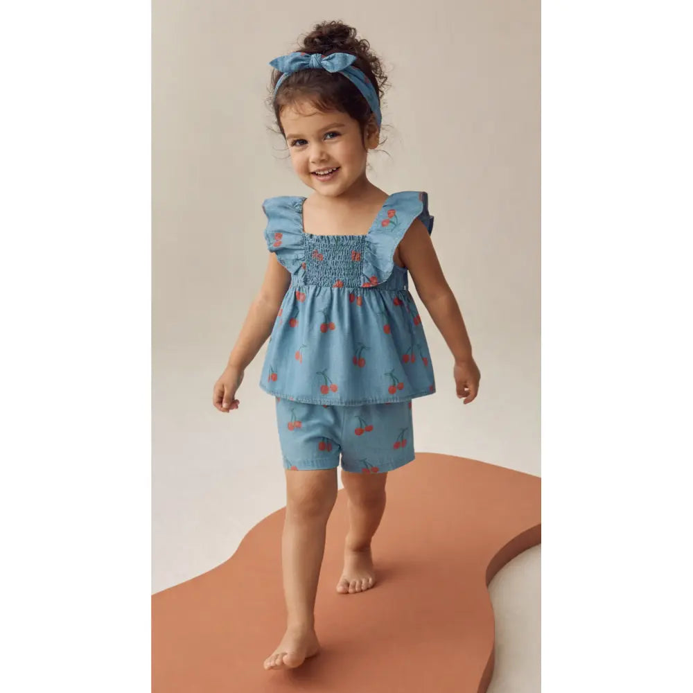 Pattuti Sustainable Denim Baby Girl Top &amp; Shorts Set With Hairband | Cherry Print Denim Outfit For Kids | Stylish Summer Wear