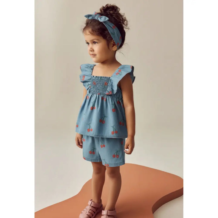 Pattuti Sustainable Denim Baby Girl Top &amp; Shorts Set With Hairband | Cherry Print Denim Outfit For Kids | Stylish Summer Wear