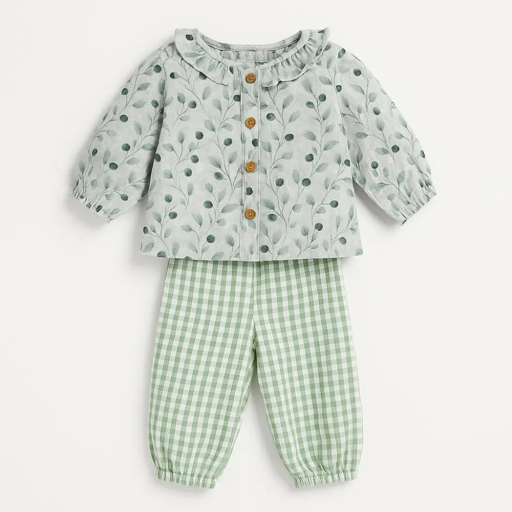 Pattuti Sustainable Muslin Baby Girl Top &amp; Seer Sucker Pants Set | Mint Green Co-ord Outfit For Kids | Soft Breathable Summer Wear