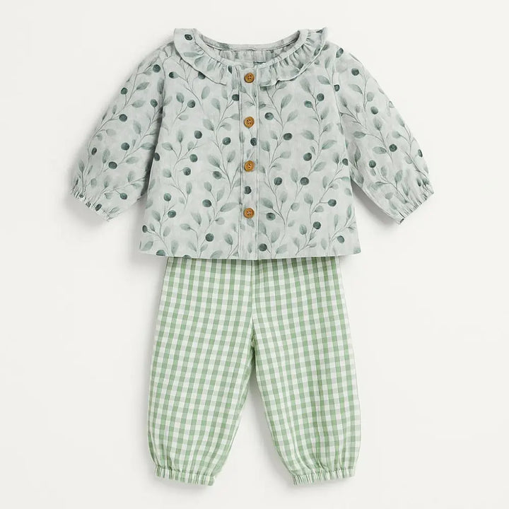 Pattuti Sustainable Muslin Baby Girl Top &amp; Seer Sucker Pants Set | Mint Green Co-ord Outfit For Kids | Soft Breathable Summer Wear