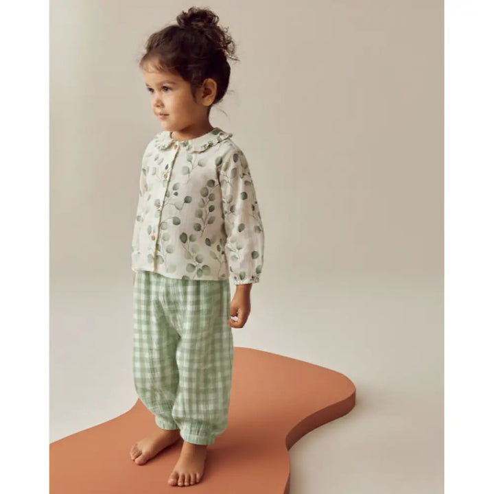 Pattuti Sustainable Muslin Baby Girl Top &amp; Seer Sucker Pants Set | Mint Green Co-ord Outfit For Kids | Soft Breathable Summer Wear