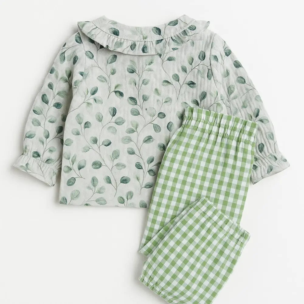 Pattuti Sustainable Muslin Baby Girl Top &amp; Seer Sucker Pants Set | Mint Green Co-ord Outfit For Kids | Soft Breathable Summer Wear