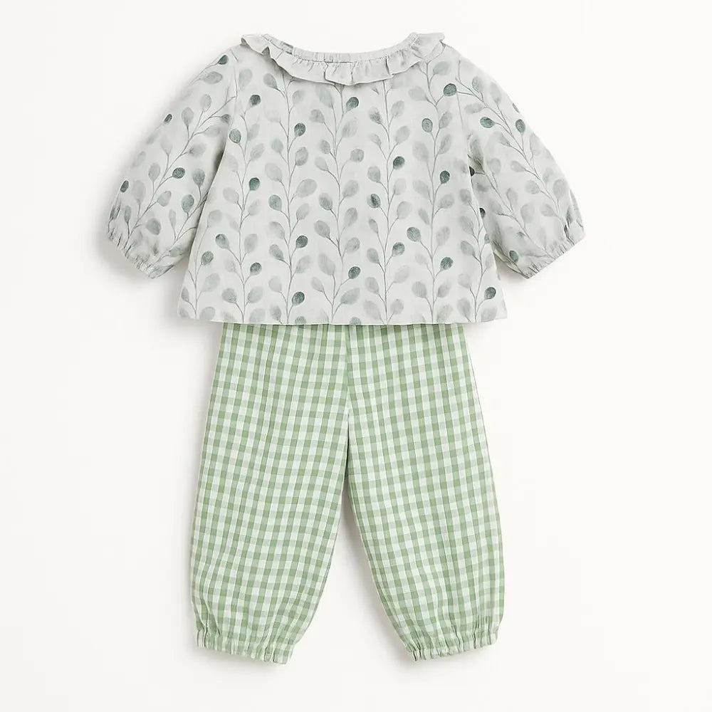 Pattuti Sustainable Muslin Baby Girl Top &amp; Seer Sucker Pants Set | Mint Green Co-ord Outfit For Kids | Soft Breathable Summer Wear