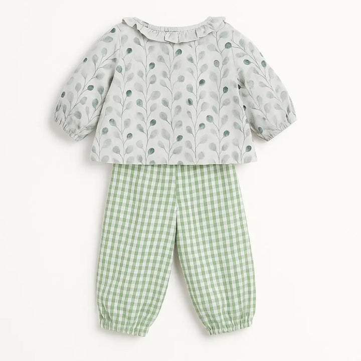 Pattuti Sustainable Muslin Baby Girl Top &amp; Seer Sucker Pants Set | Mint Green Co-ord Outfit For Kids | Soft Breathable Summer Wear