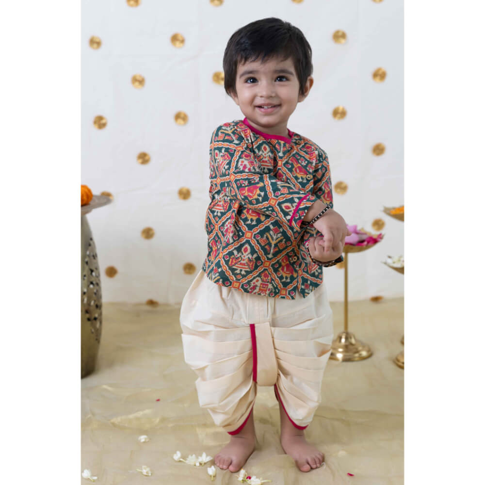 Tiber Taber Baby Boy Patola Print Cotton Dhoti Kurta Set - Green