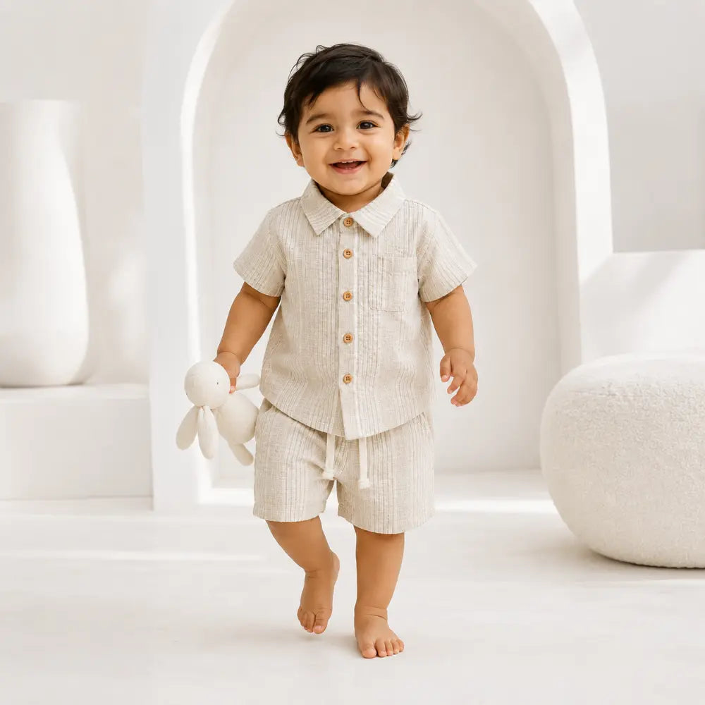 Pattuti Sustainable Seer-Sucker Set Of Co-Ord Set With Shirt + Shorts - Grey