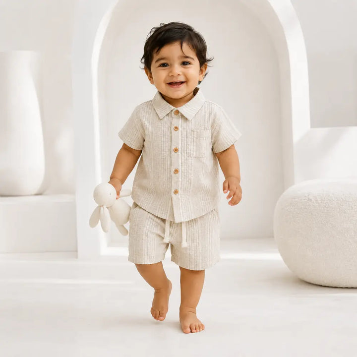 Pattuti Sustainable Seer-Sucker Set Of Co-Ord Set With Shirt + Shorts - Grey