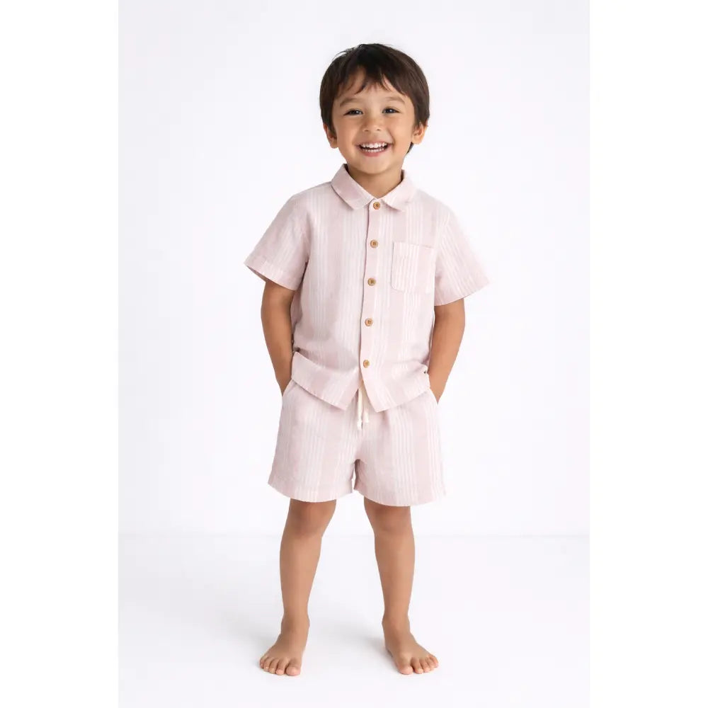 Pattuti Sustainable Seersucker Shirt &amp; Shorts Co-ord Set For Kids - Peach