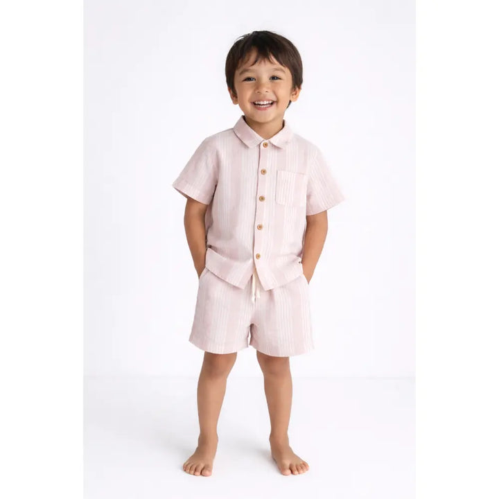 Pattuti Sustainable Seersucker Shirt &amp; Shorts Co-ord Set For Kids - Peach
