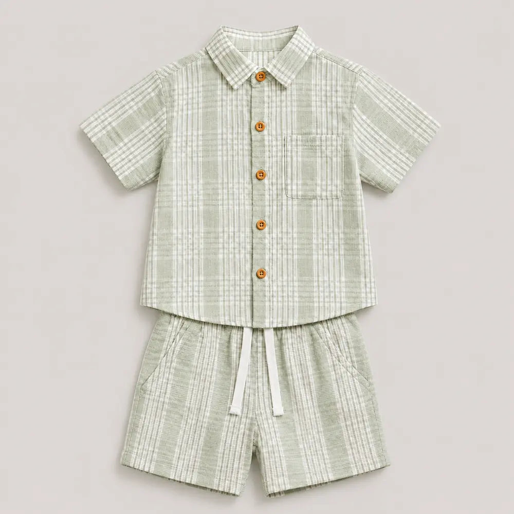 Pattuti Sustainable Seer-Sucker Set Of Co-Ord Set With Shirt + Shorts - Mint