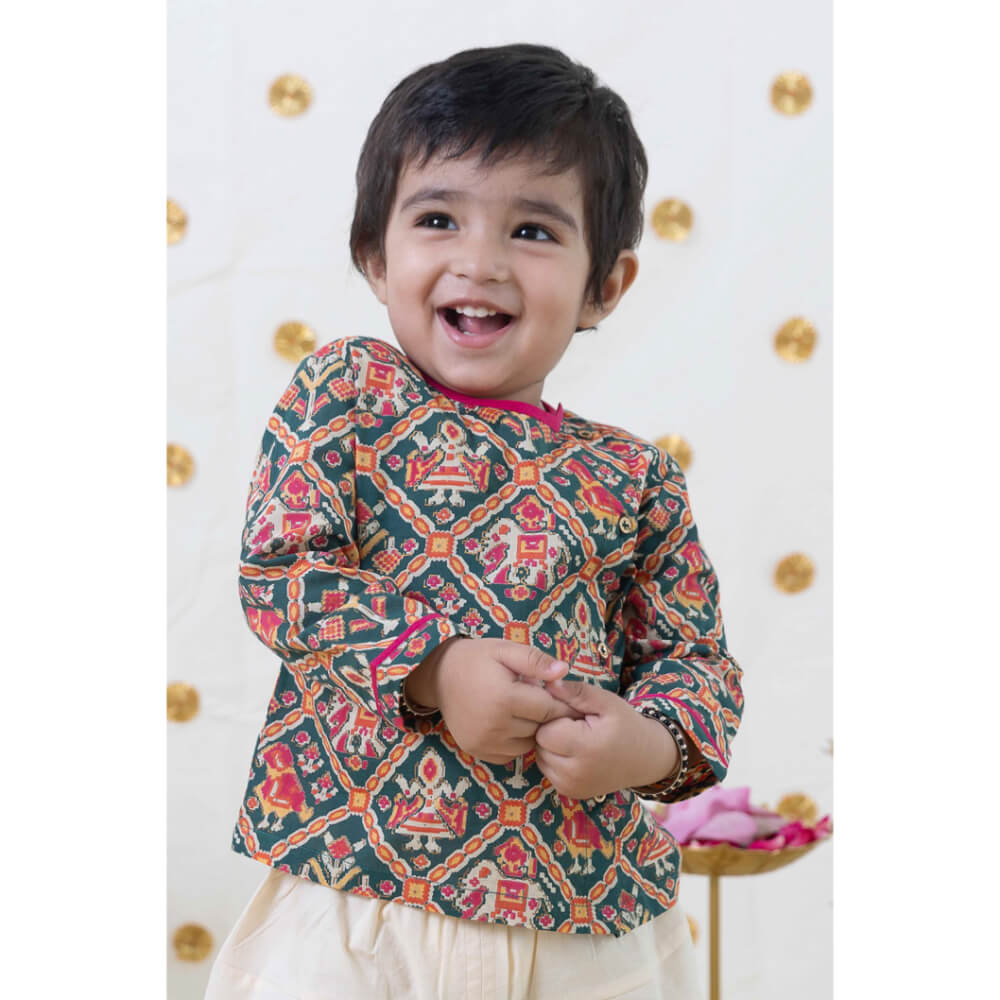 Tiber Taber Baby Boy Patola Print Cotton Dhoti Kurta Set - Green