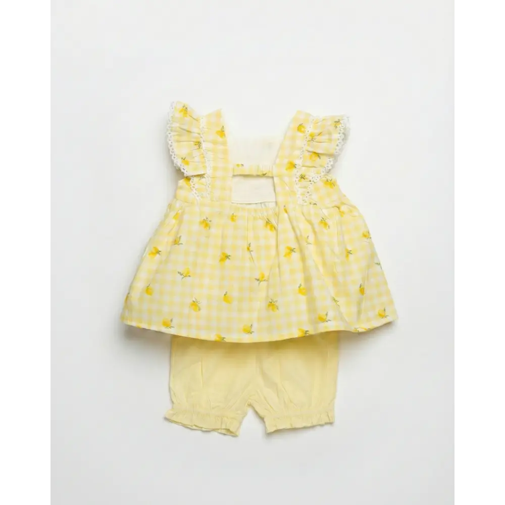 Pattuti Lemon Gingham Baby Girl Dress Set | Sustainable Cotton Outfit For Kids | Stylish Summer Wear &amp; Everyday Comfort