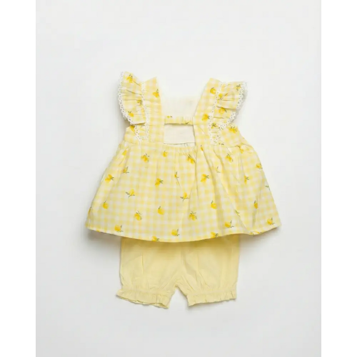 Pattuti Lemon Gingham Baby Girl Dress Set | Sustainable Cotton Outfit For Kids | Stylish Summer Wear &amp; Everyday Comfort