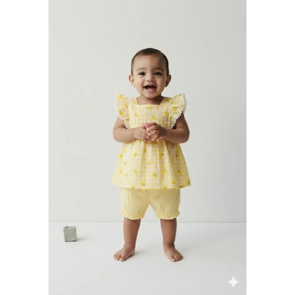 Pattuti Lemon Gingham Baby Girl Dress Set | Sustainable Cotton Outfit For Kids | Stylish Summer Wear &amp; Everyday Comfort