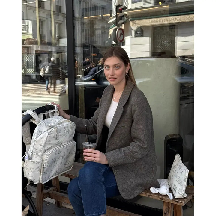 Pasito a Pasito Diaper Backpack with Changing Pad, Large Capacity Water-Resistant Bag with Multi-Pocket Organizer, Insulated Bottle Pocket, Shoulder &amp; Stroller Straps, Toile de Jouy Faux Leather - Cream