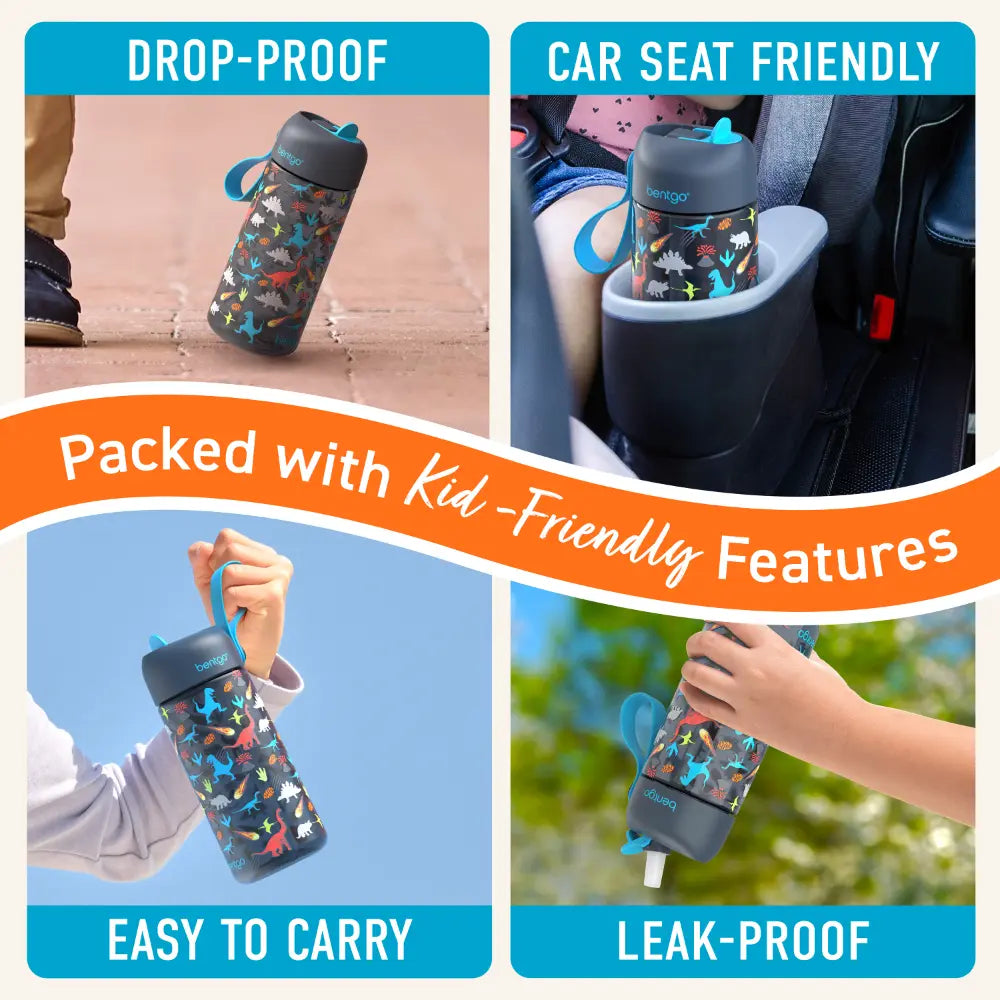 Bentgo Kids Water Bottle 450 ml, Leak-Proof Straw Bottle for Kids, Lightweighted &amp; Durable, BPA &amp; PFAS-Free Tritan Water Bottle, Ideal for School, Daycare &amp; Travel, 3 years+ - Dinosaur