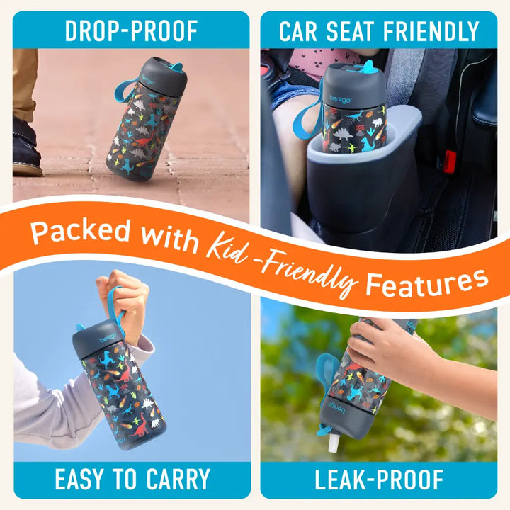 Bentgo Kids Water Bottle 450 ml, Leak-Proof Straw Bottle for Kids, Lightweighted &amp; Durable, BPA &amp; PFAS-Free Tritan Water Bottle, Ideal for School, Daycare &amp; Travel, 3 years+ - Dinosaur