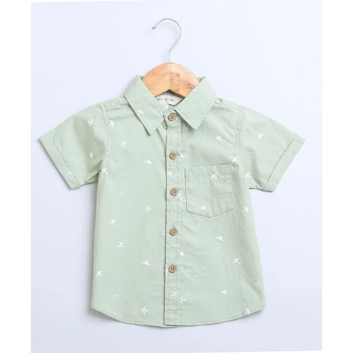 Sweetlime By AS Bird Print Cotton Poplin Boys Shirt &amp; Cotton Slub Shorts - Green &amp; White