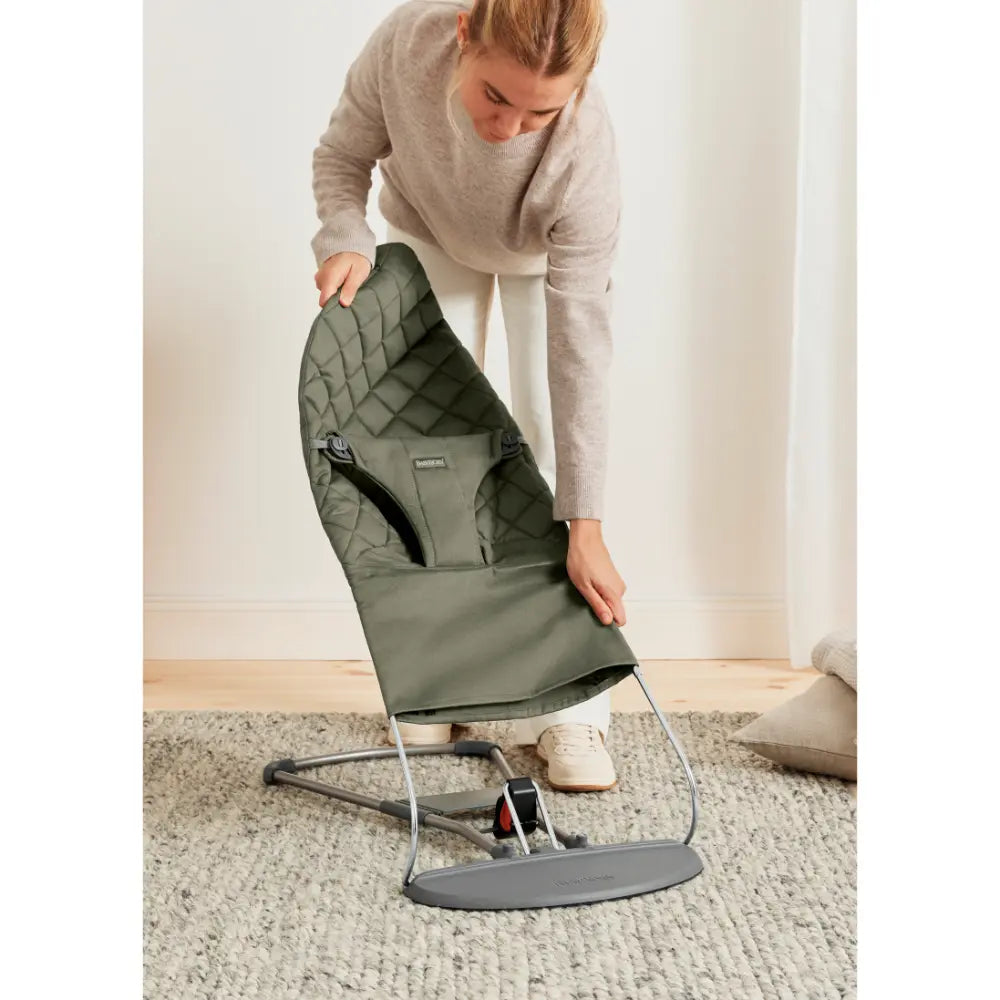 BabyBjorn Bliss Bouncer Quilted Fabric, Lightweight Ergonomic Baby Bouncer with Natural Rocking, Convertible to a Toddler Chair, Newborn to Toddler (0–2 Years) - Dark Green
