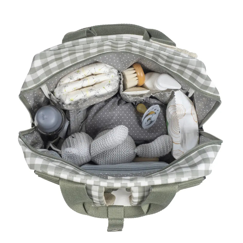 Walking Mum Diaper Backpack with Changing Pad, Large Capacity, Water-Resistant with Multi-Pocket Organizer, Insulated Bottle Pocket, Shoulder &amp; Stroller Straps, Personalized Charm, Checkered Print - Stone