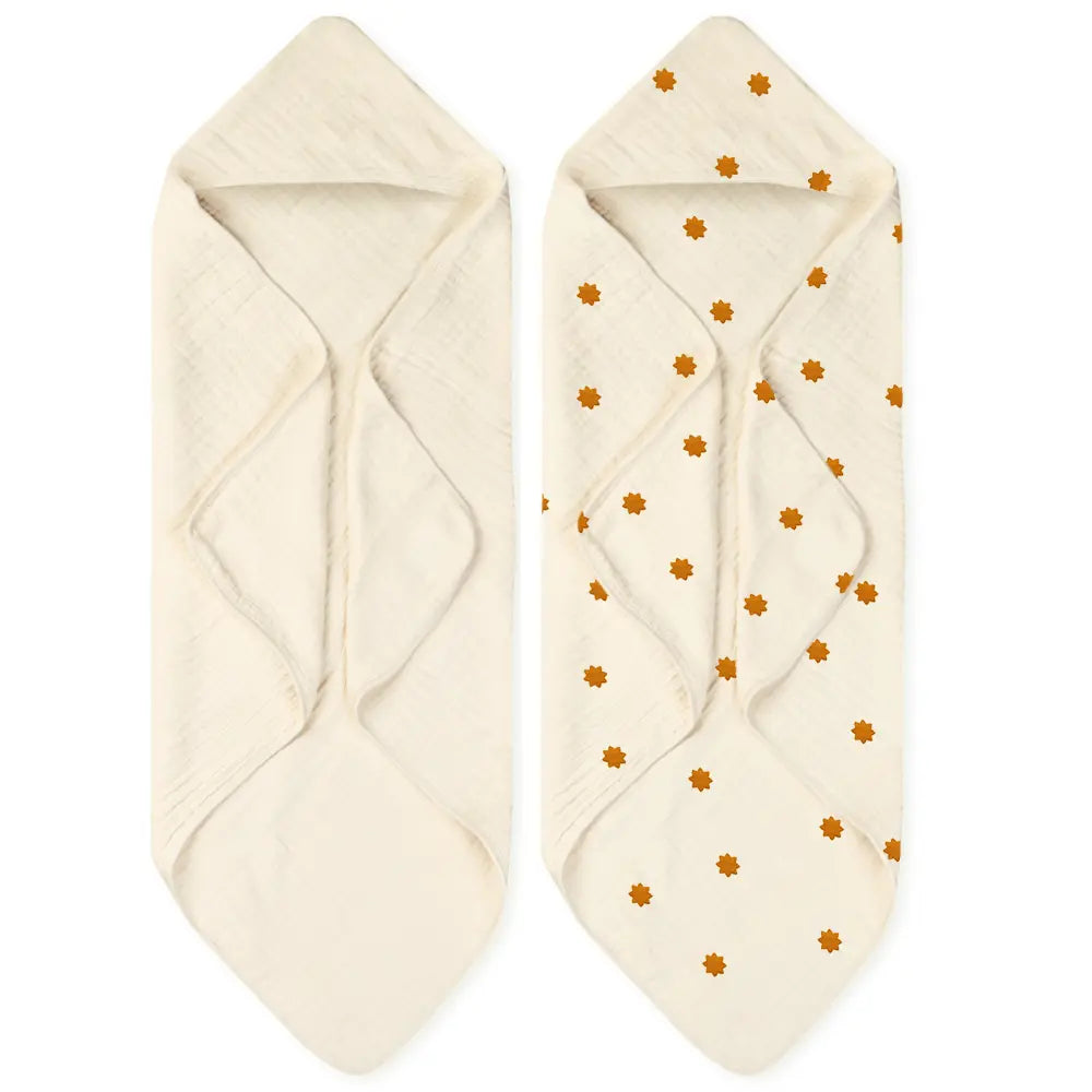Nintara Baby Hooded Towel  -  100% Organic Premium Muslin Cotton, 30" x 30" (76 cm x 76 cm) -  Pack of 2 - Beige Set