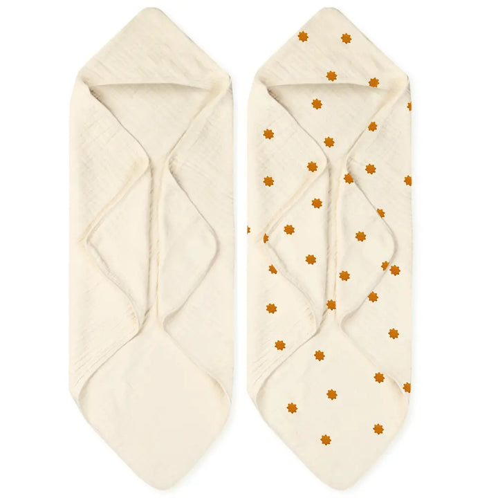 Nintara Baby Hooded Towel  -  100% Organic Premium Muslin Cotton, 30" x 30" (76 cm x 76 cm) -  Pack of 2 - Beige Set