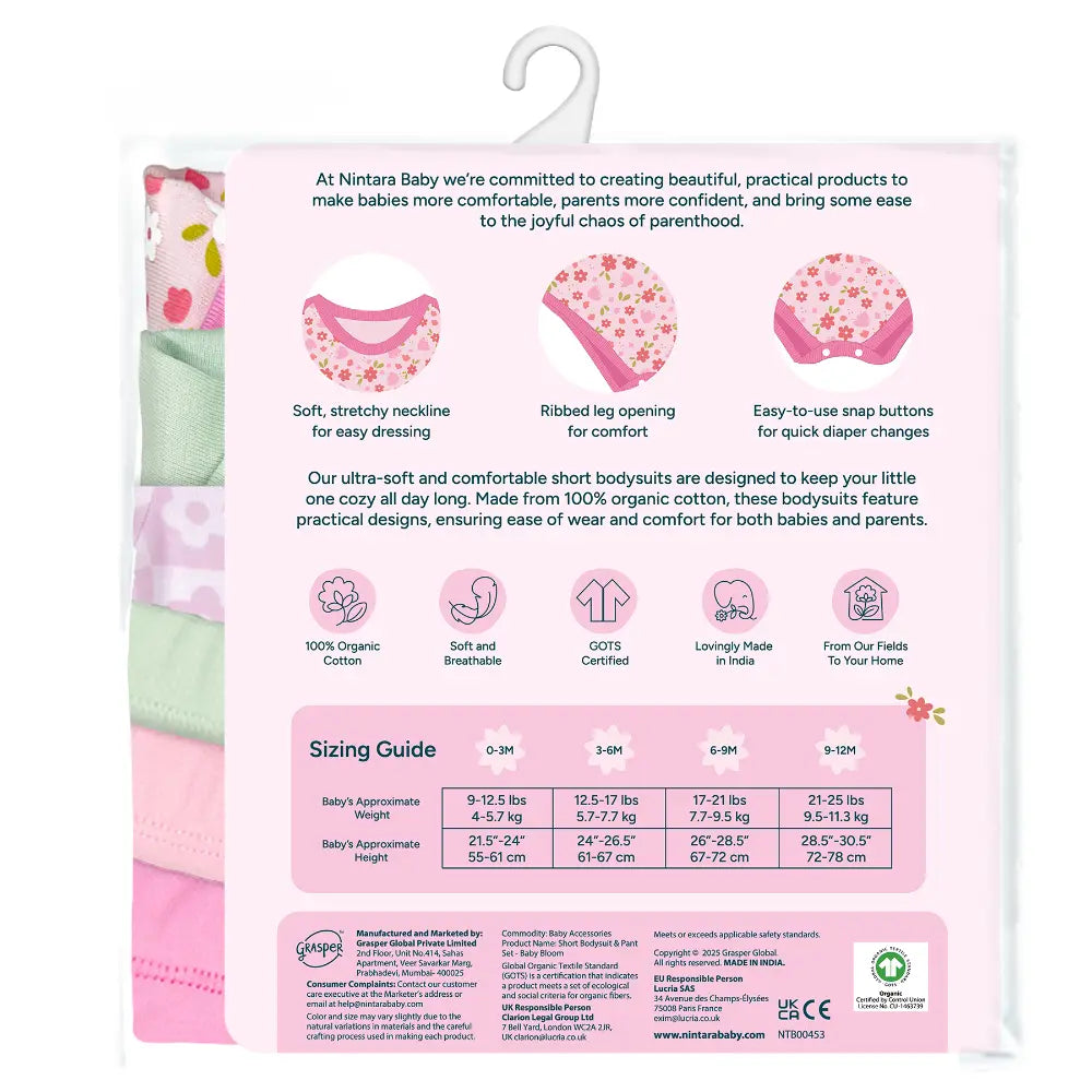 Nintara Baby 100% Cotton Unisex Bodysuit &amp; Pant Set – Baby Bloom (Pack of 3)