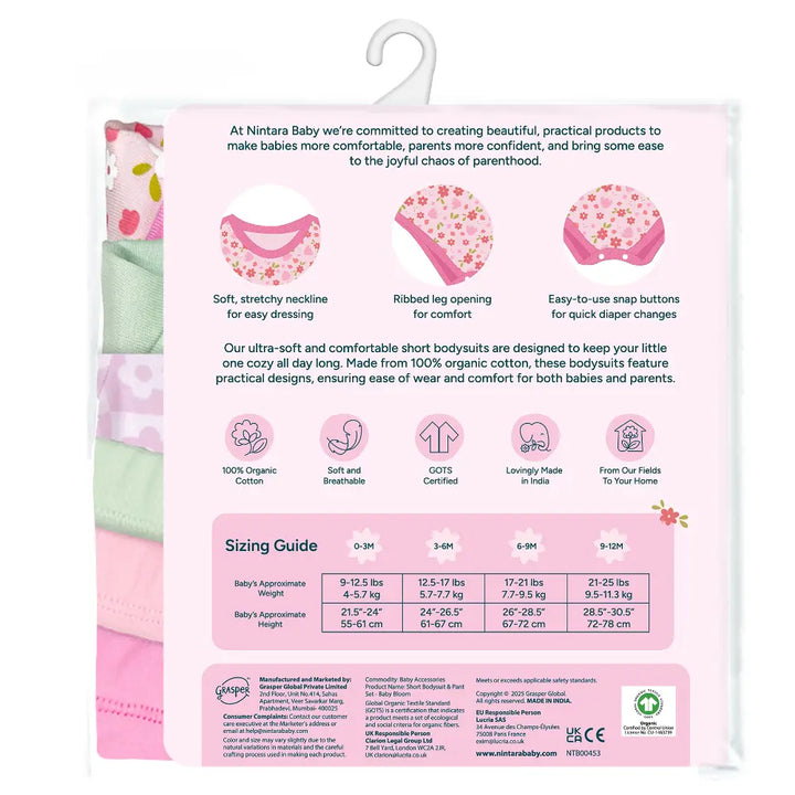 Nintara Baby 100% Cotton Unisex Bodysuit &amp; Pant Set – Baby Bloom (Pack of 3)