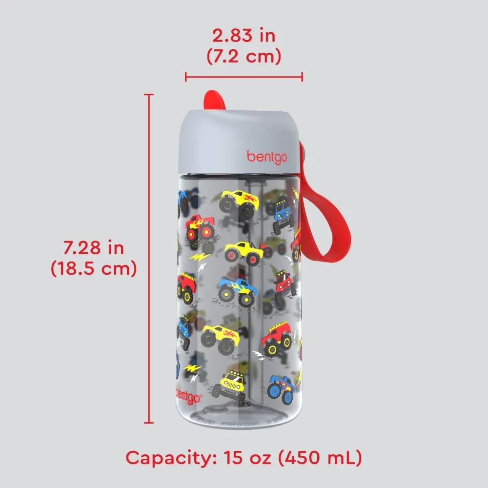 Bentgo Kids Water Bottle 450 ml, Leak-Proof Straw Bottle for Kids, Lightweighted &amp; Durable, BPA &amp; PFAS-Free Tritan Water Bottle, Ideal for School, Daycare &amp; Travel, 3 years+ - Trucks