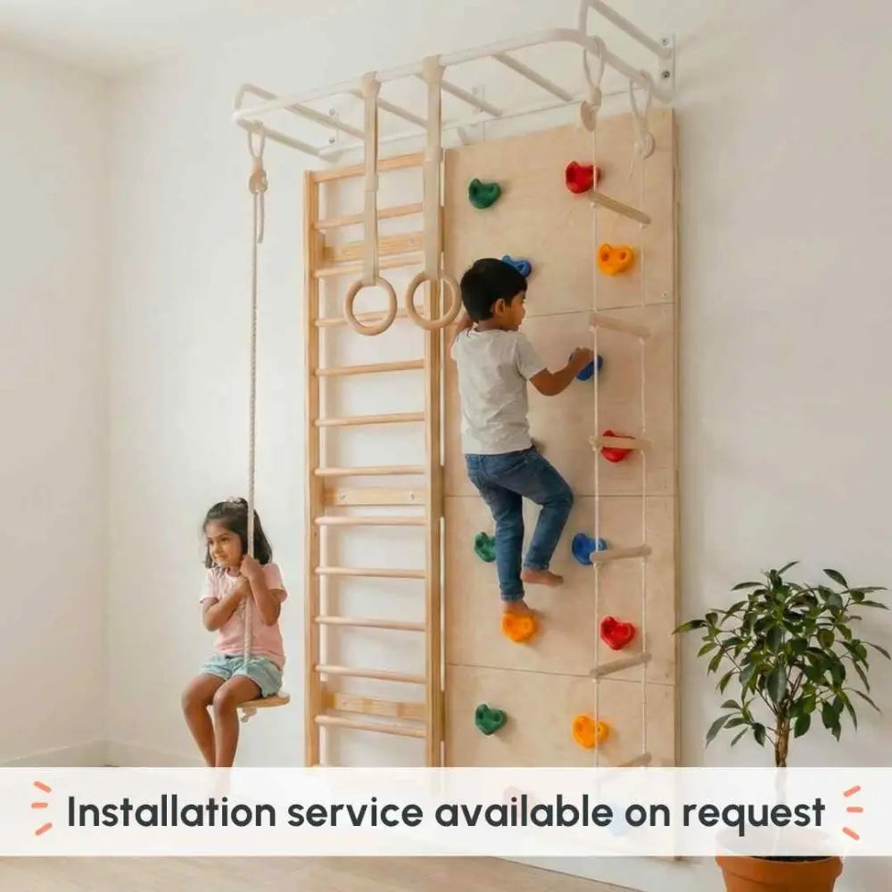 Curious Cub Space Saver Jungle Gym 3 | 6 Components - Wooden Ladder | Rock Climbing | Wobble Ladder | Monkey Bar | Gymnastics Ring | Disk Swing | Ages 4-15 Years