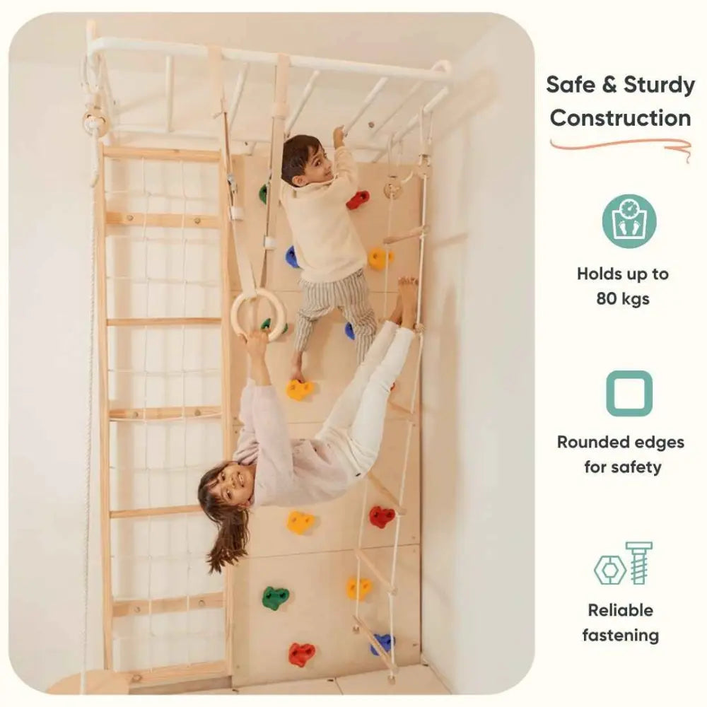 Curious Cub Space Saver Jungle Gym 2 | 6 Components - Rope Ladder, Rock Climbing, Wobble Ladder, Monkey Bar, Gymnastic Rings, Disk Swing | Ages 4-15 Years