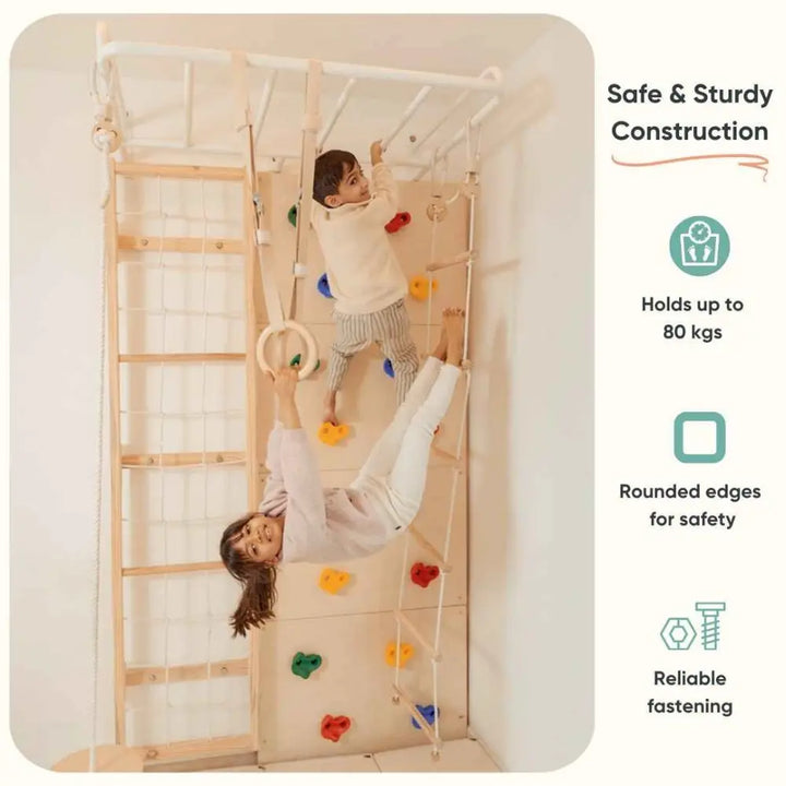 Curious Cub Space Saver Jungle Gym 2 | 6 Components - Rope Ladder, Rock Climbing, Wobble Ladder, Monkey Bar, Gymnastic Rings, Disk Swing | Ages 4-15 Years