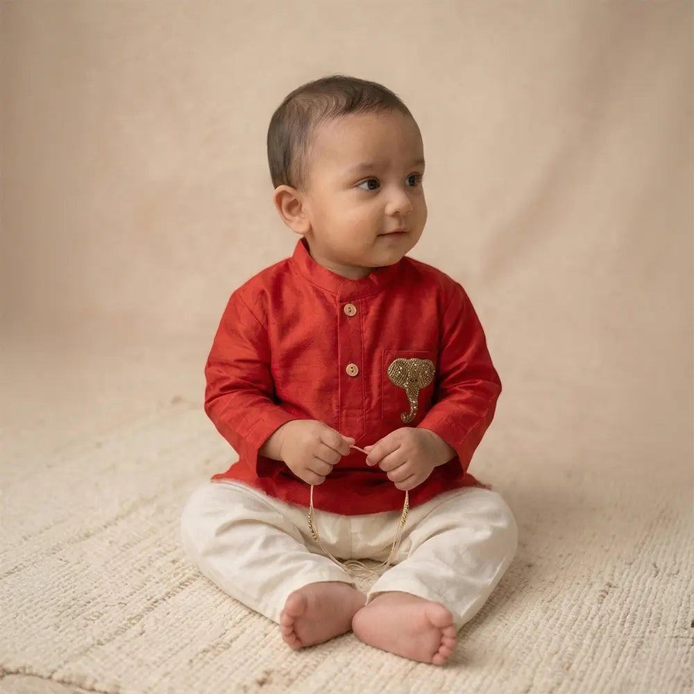 PureCloth.Co Royal Elephant | Boys Silk Kurta Pyjama Red