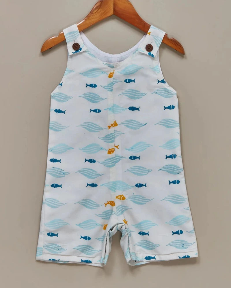 Liz Jacob Boys | Off-white Blockprinted Cotton Romper | Fish named Chips