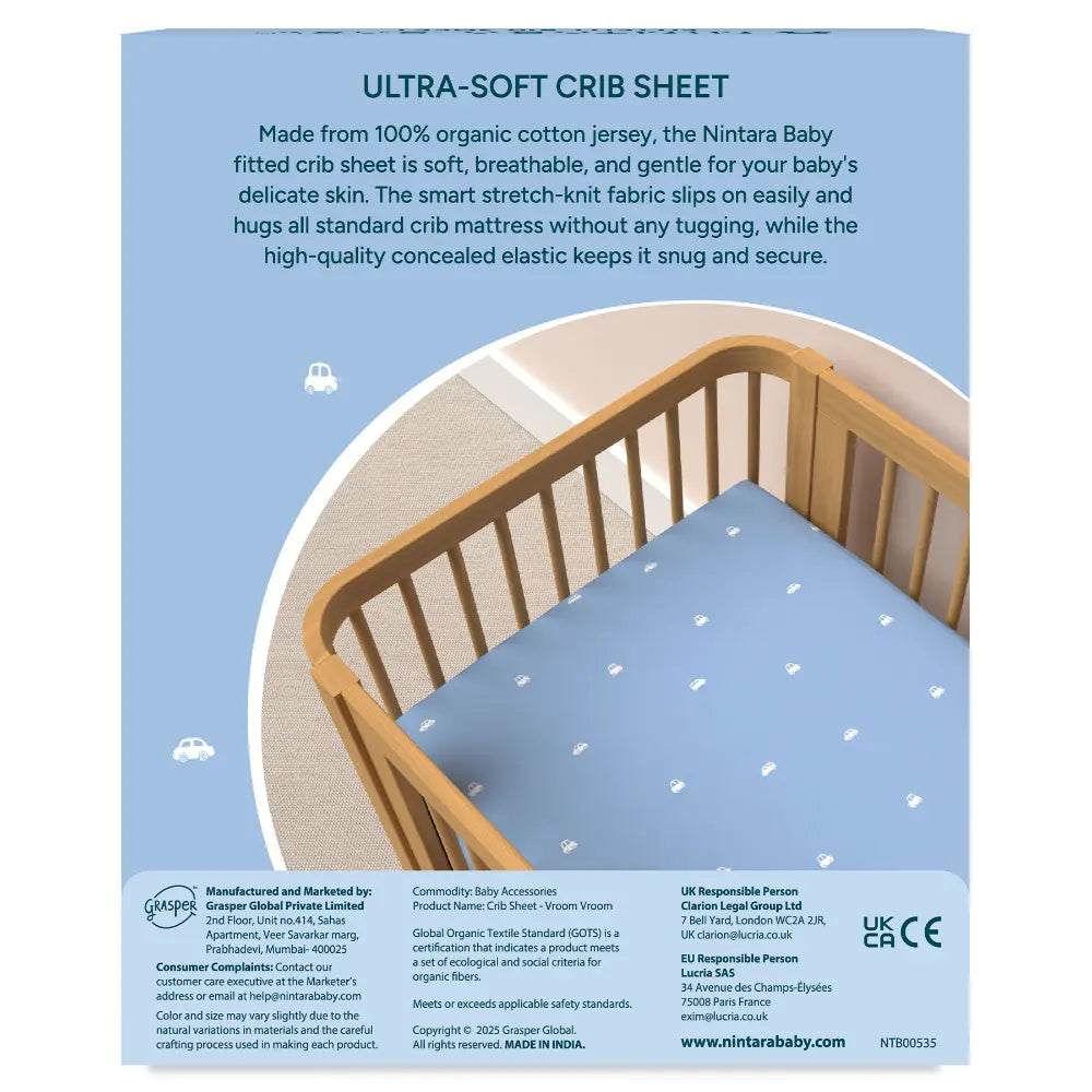 Nintara Baby Fitted Crib Sheet – 100% Organic Cotton Jersey, 52 x 28 Inch (130 x 70 cm) - Vroom, Vroom!