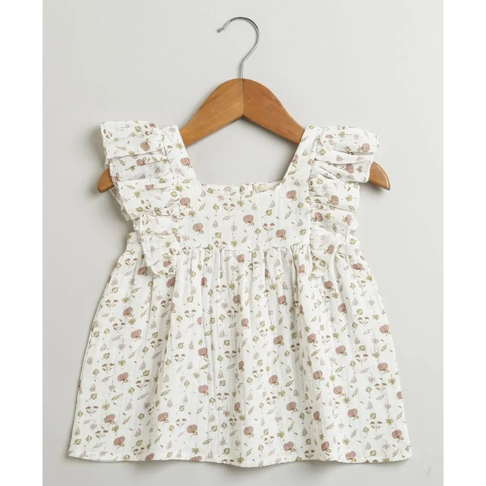 Sweetlime By AS Pumpkin &amp; Floral Print Ruffle Organic Cotton Co-ord Set - Off-White &amp; Peach