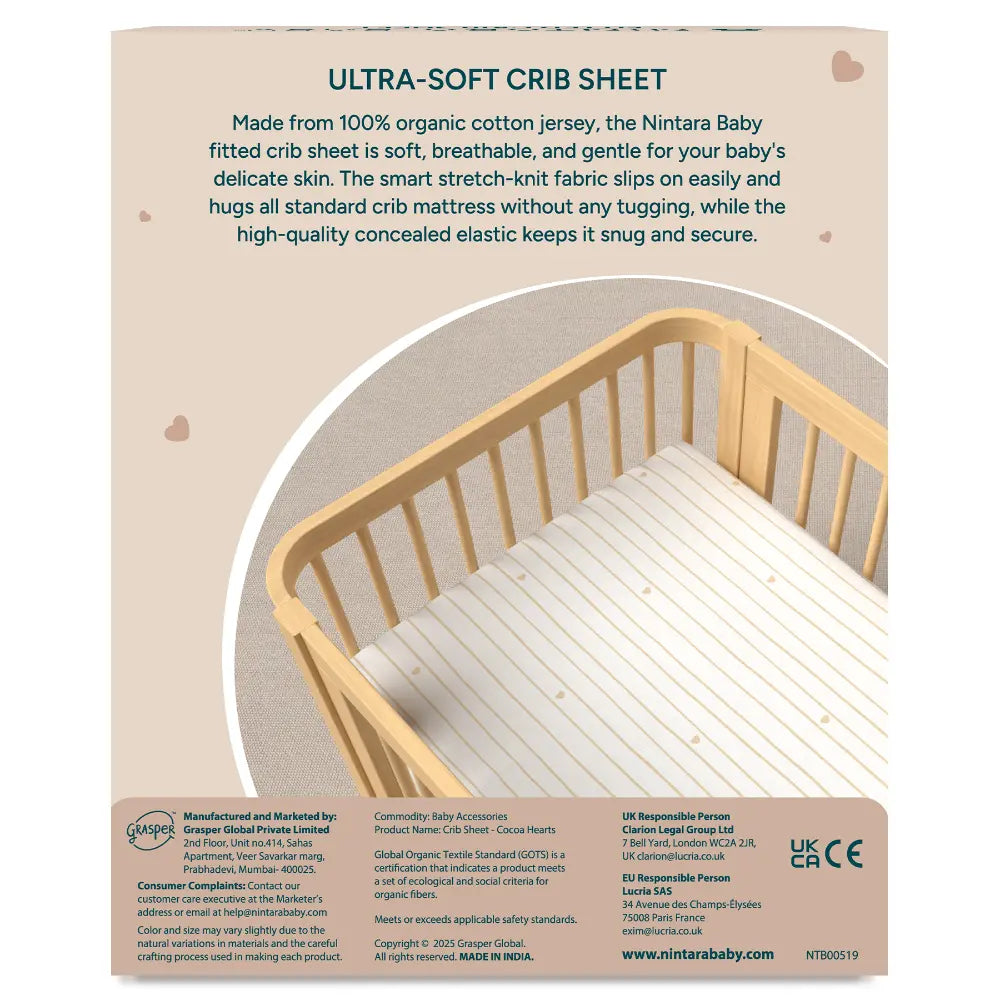 Nintara Baby Fitted Crib Sheet – 100% Organic Cotton Jersey 47 x 24 Inch (120 x 60 cm) - Cocoa Hearts