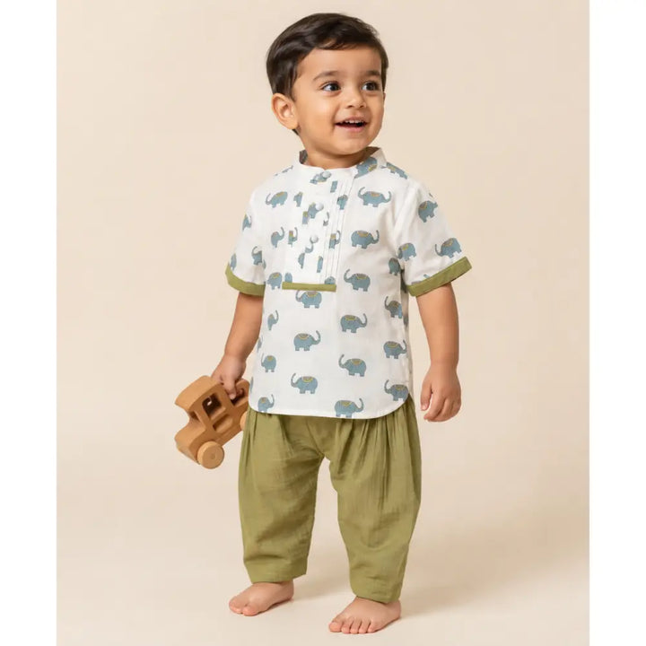 Sweetlime By AS Baby Boys Elephant Printed Cotton Kurta with Olive Cotton Pants Co-ord Set - White &amp; Olive Green