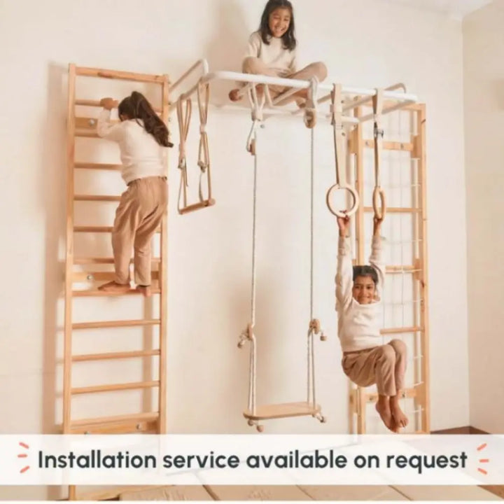 Curious Cub Ultimate Jungle Gym 2 | 6 Components - Monkey Bar, Wooden Ladder, Rope Ladder, Gymnastic Rings, Swing Trapeze bar | Ages 4-15 Years