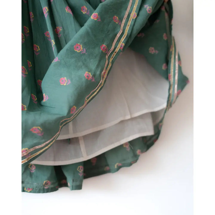 Love The World Today Kopal Magenta Polka Blouse &amp; Green Floral Booti Lehenga Set For Girls