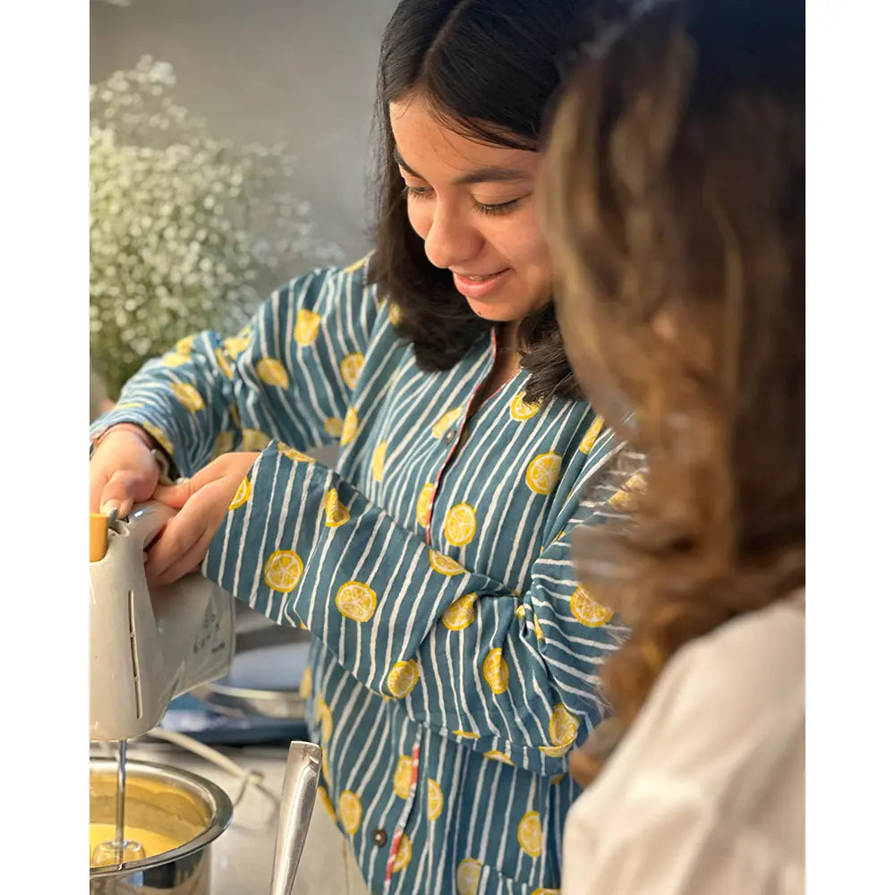 Love The World Today Kimono Pajama set - Lemon Drizzle Blue Print - Off White
