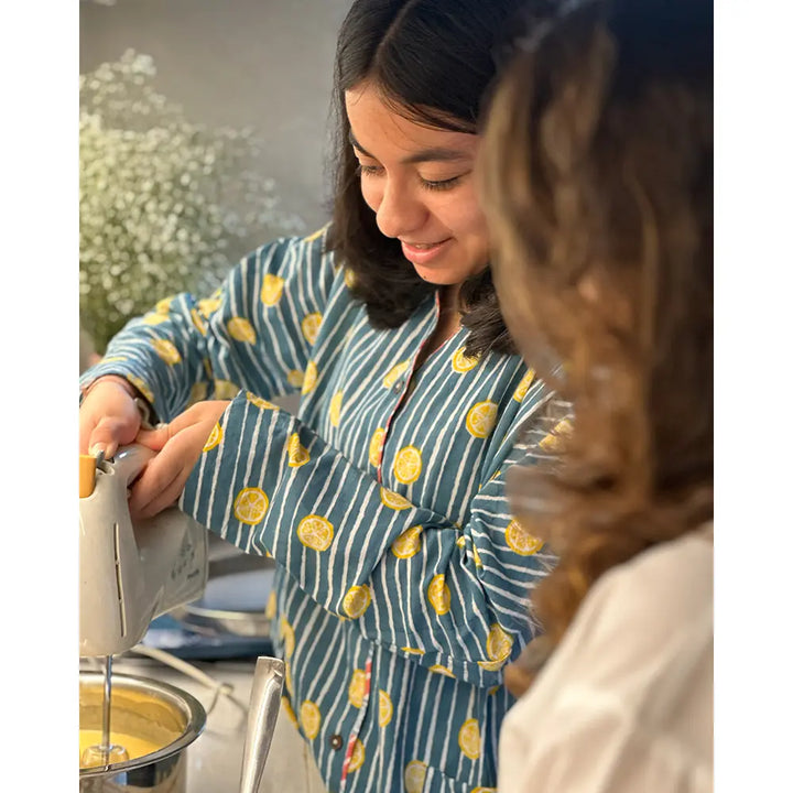 Love The World Today Kimono Pajama set - Lemon Drizzle Blue Print - Off White