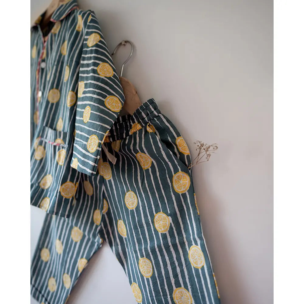 Love The World Today Kimono Pajama set - Lemon Drizzle Blue Print - Off White