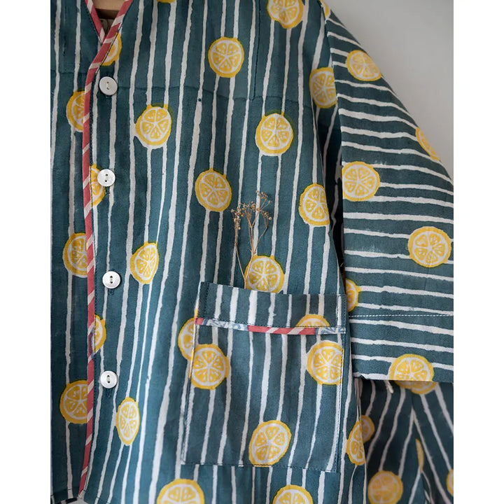 Love The World Today Kimono Pajama set - Lemon Drizzle Blue Print - Off White