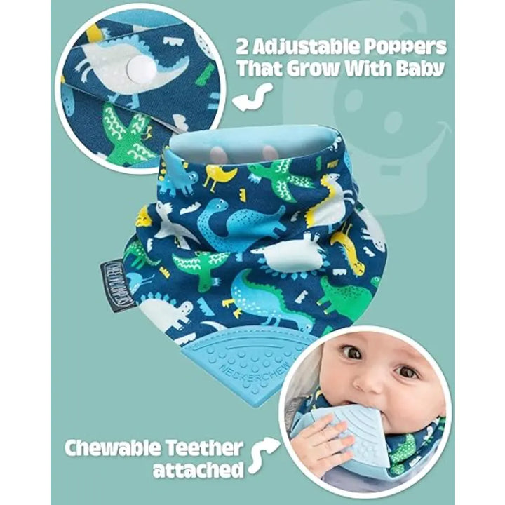 Cheeky Chompers Neckerchew for Babies &amp; Toddlers, Reversible Bib with Attached Silicone Teether, Super Absorbent, BPA-Free, 2–24 Months - Baby Dino