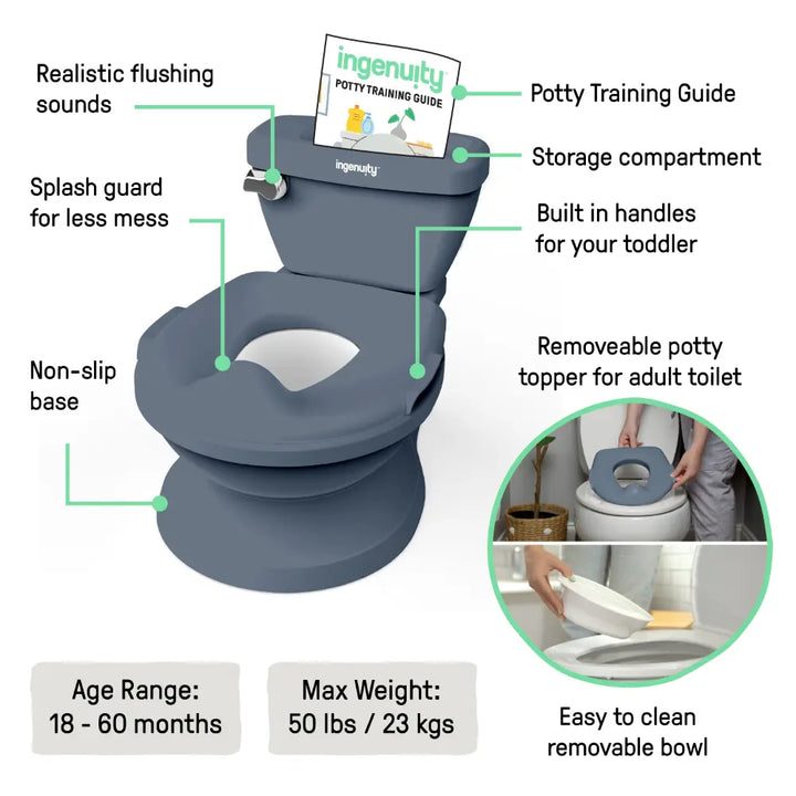Ingenuity My Size Potty Pro 2-in-1 Toddler Potty Training Toilet with Flush Sound &amp; Detachable Potty Ring, 18 - 60 months, Blue
