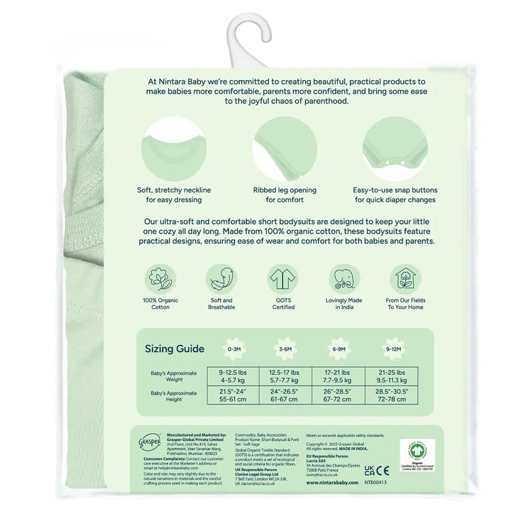 Nintara Baby 100% Cotton Unisex Bodysuit &amp; Pant Set – Soft Sage